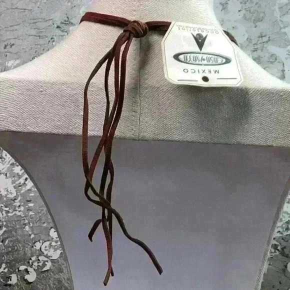 Mexico Leather Necklace with Sunstone and Glass Green Pendant - Picture 3 of 4